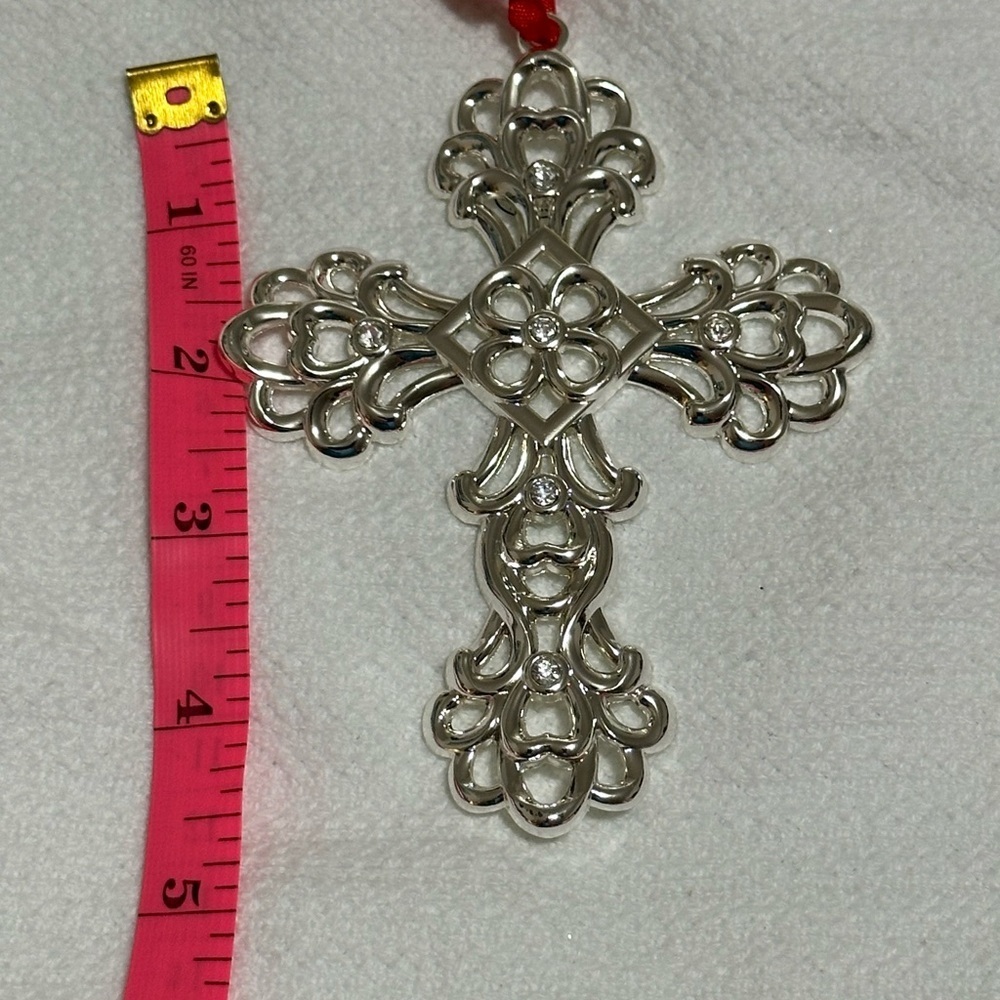 Beautiful Lenox silver plated cross with black with red ribbon hanger. New! - Picture 7 of 7